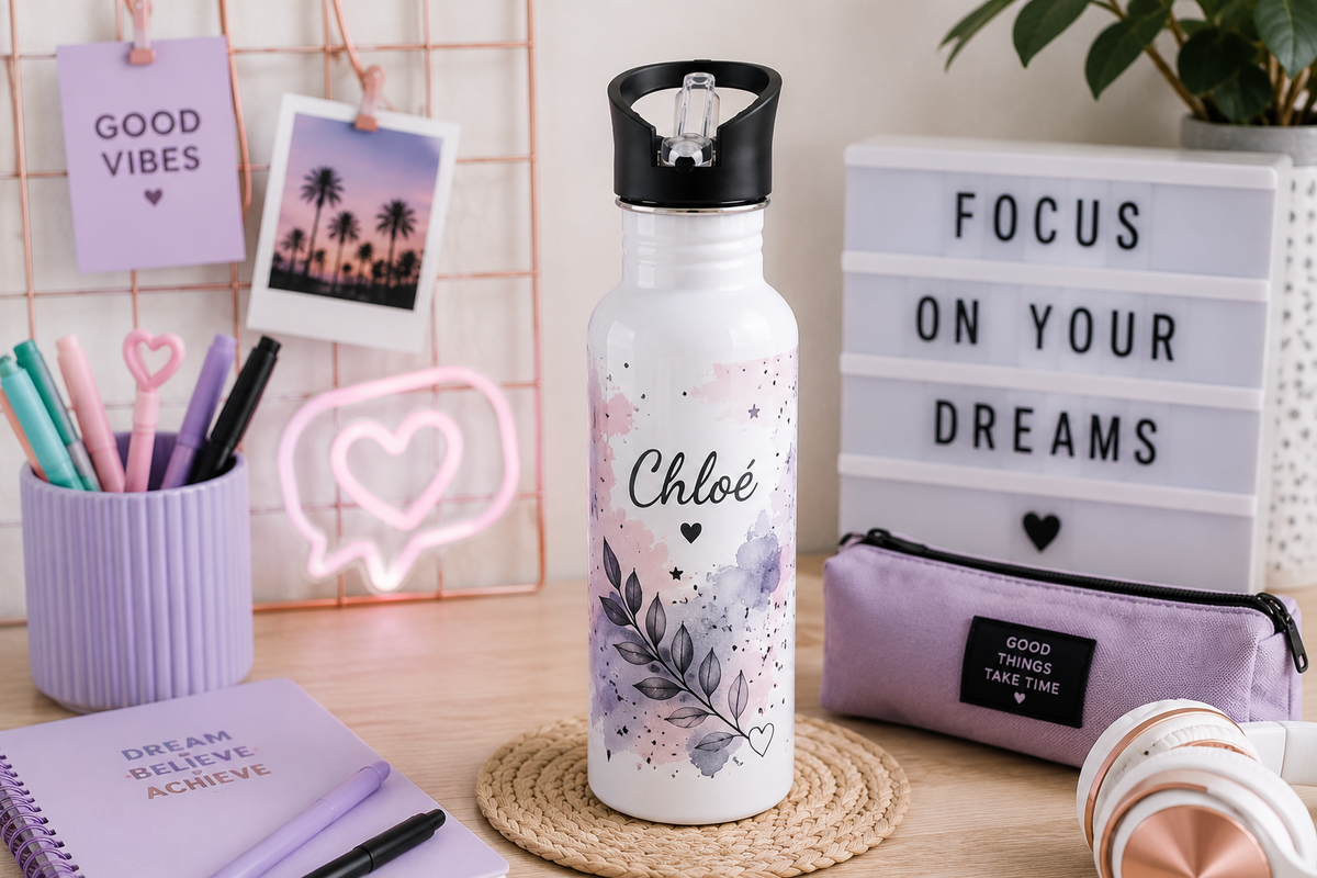 Gourde personnalisée 600 ml avec prénom Chloé et design rose et violet, présentée dans un univers adolescent.