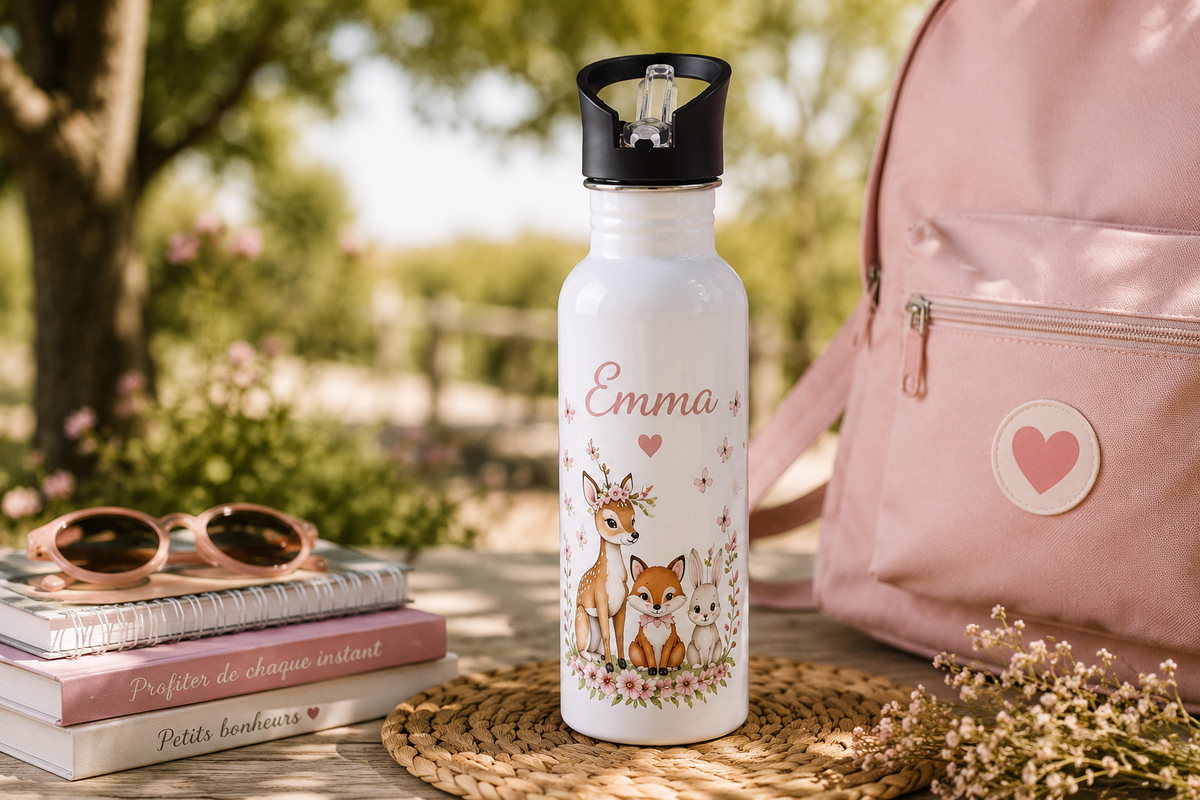 Gourde personnalisée enfant 600 ml avec prénom Emma et animaux de la forêt, présentée avec un sac à dos pour l'école et les sorties.