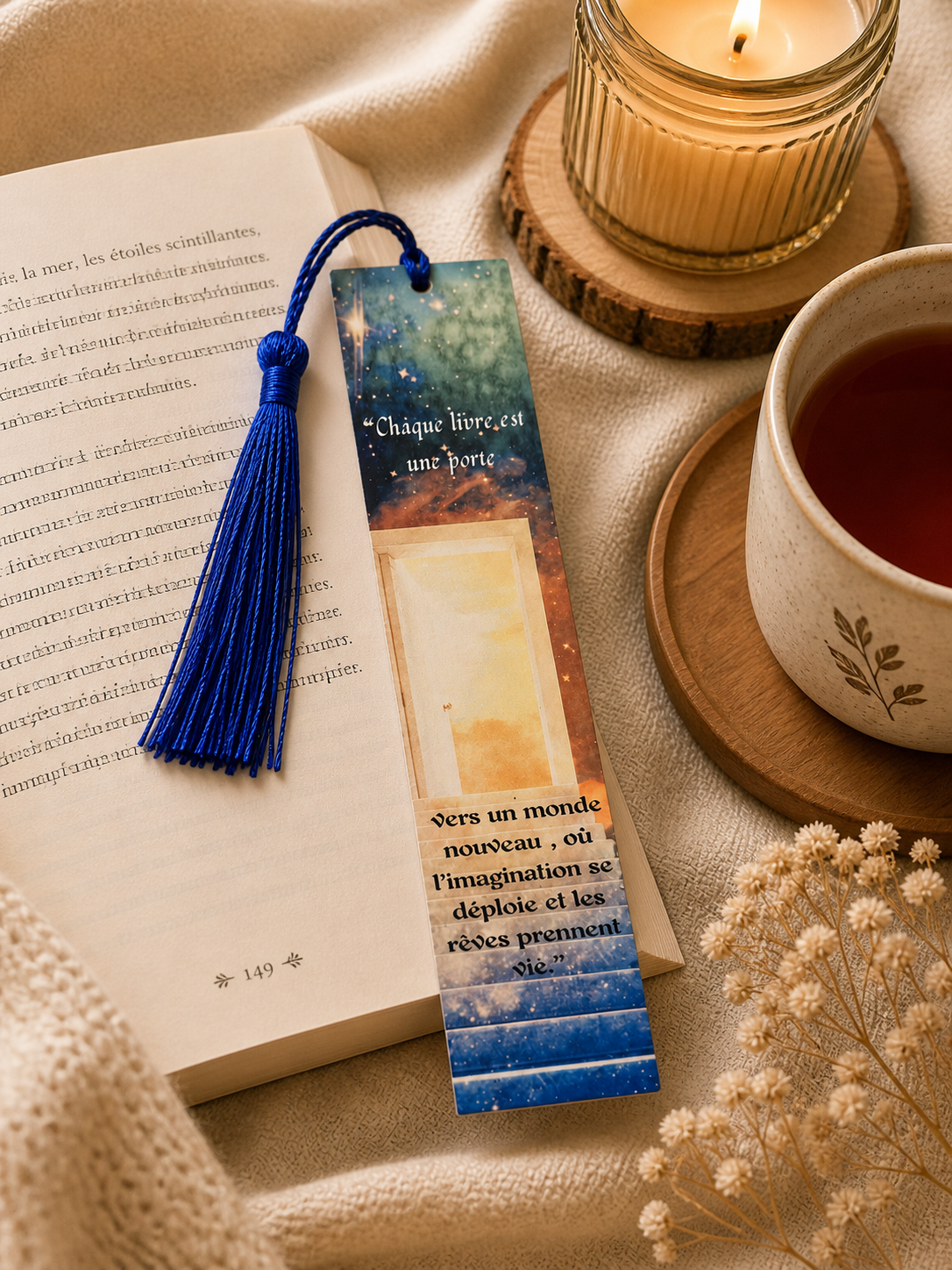 Marque page citation chaque livre est une porte avec pompon bleu