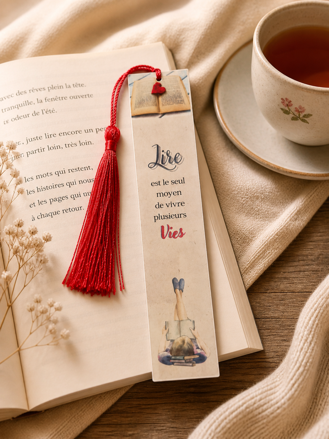 Marque page citation lire est le seul moyen de vivre plusieurs vies avec pompon rouge