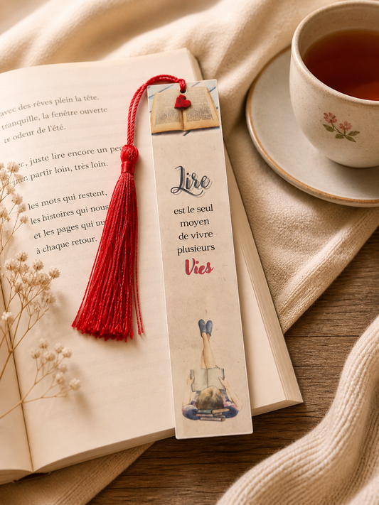 Marque page citation lire est le seul moyen de vivre plusieurs vies avec pompon rouge