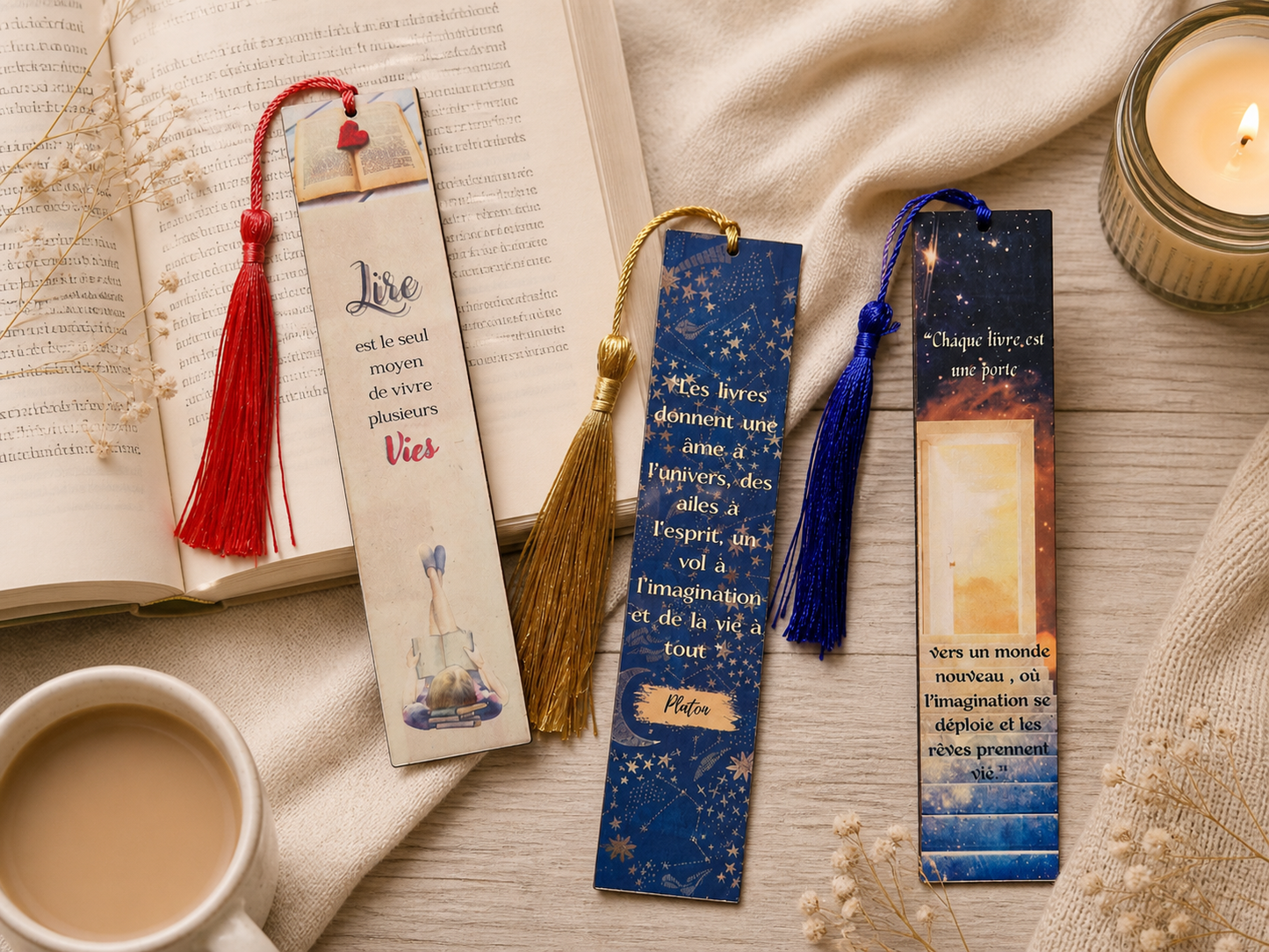 Trois marque pages avec citations inspirantes et pompons colorés Heyl’créations