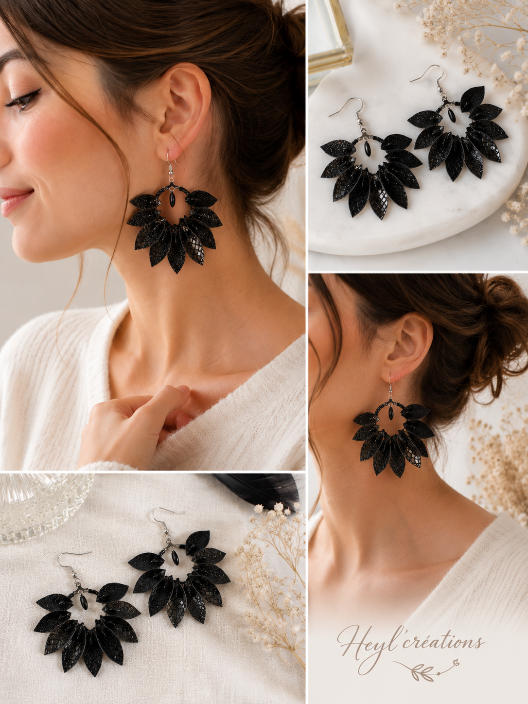 Boucles d'oreilles artisanales noires en simili cuir pailleté et perles de verre, design floral à 9 pétales, création fait main Heyl'Créations.