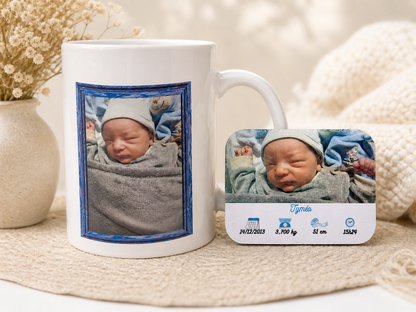 Pack naissance personnalisé avec mug photo bébé et magnet assorti contenant les informations de naissance.