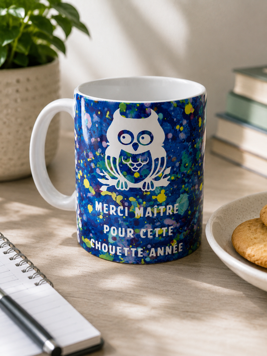Mug personnalisé bleu avec hibou blanc et inscription “Merci Maître pour cette chouette année” dans une ambiance chaleureuse et cocooning.
