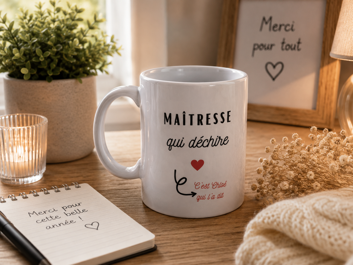 Ensemble de mugs personnalisés pour maîtresse, ATSEM et nounou avec messages de remerciement et prénom de l'enfant, sublimés recto et verso.