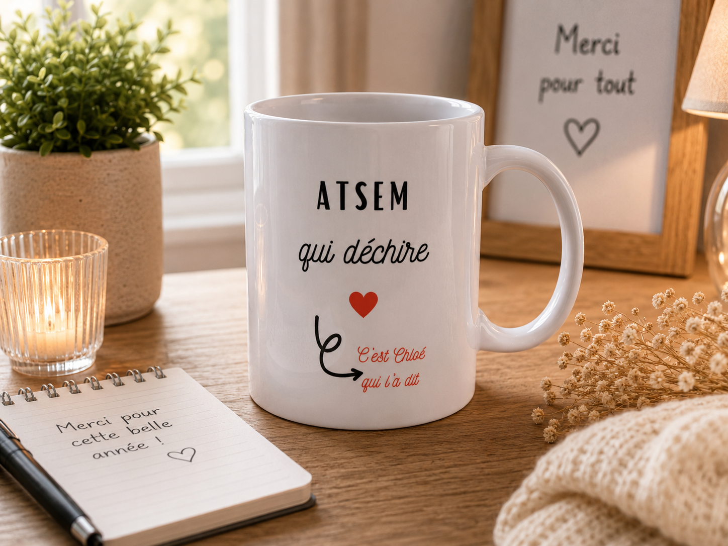 Ensemble de mugs personnalisés pour maîtresse, ATSEM et nounou avec messages de remerciement et prénom de l'enfant, sublimés recto et verso.