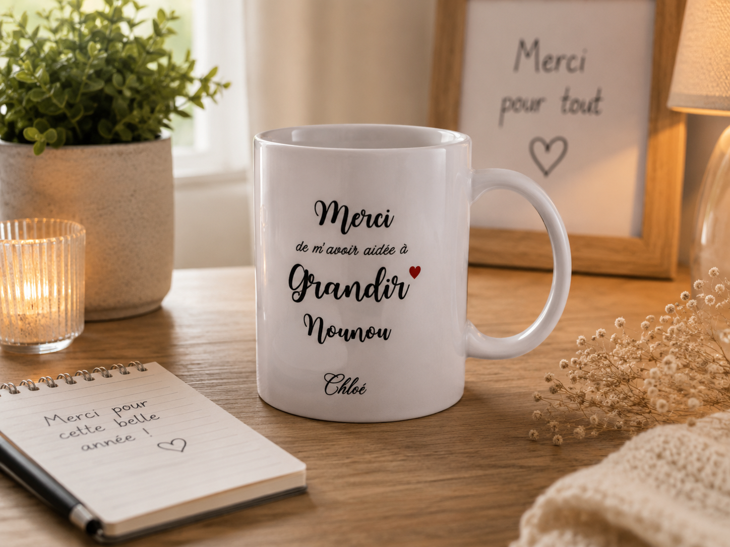 Ensemble de mugs personnalisés pour maîtresse, ATSEM et nounou avec messages de remerciement et prénom de l'enfant, sublimés recto et verso.