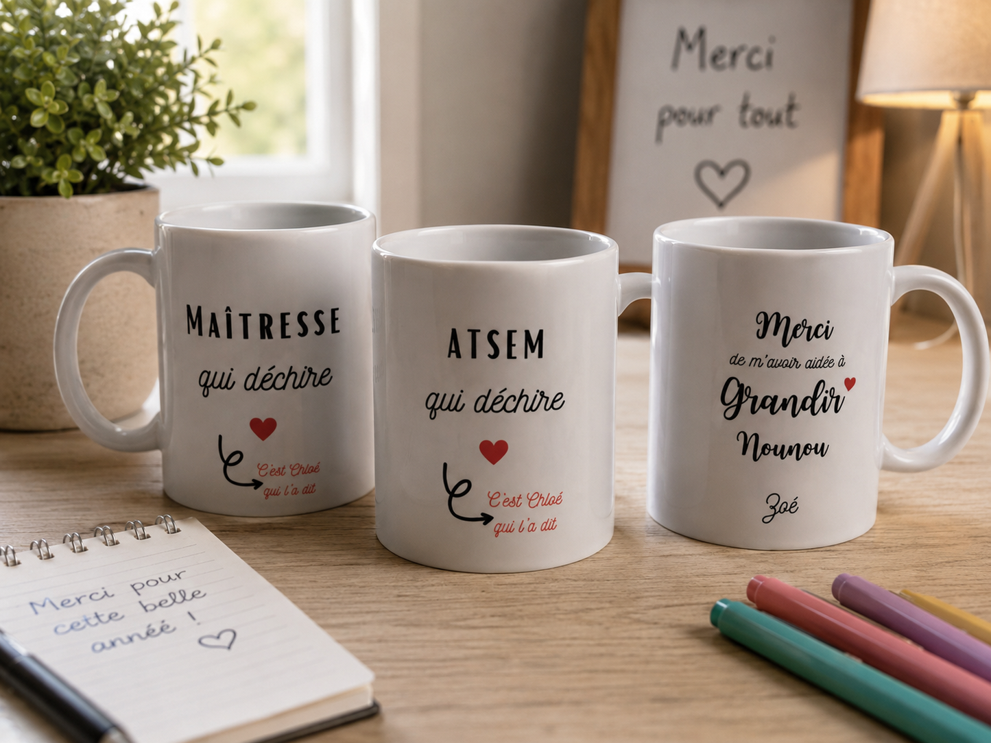 Ensemble de mugs personnalisés pour maîtresse, ATSEM et nounou avec messages de remerciement et prénom de l'enfant, sublimés recto et verso.