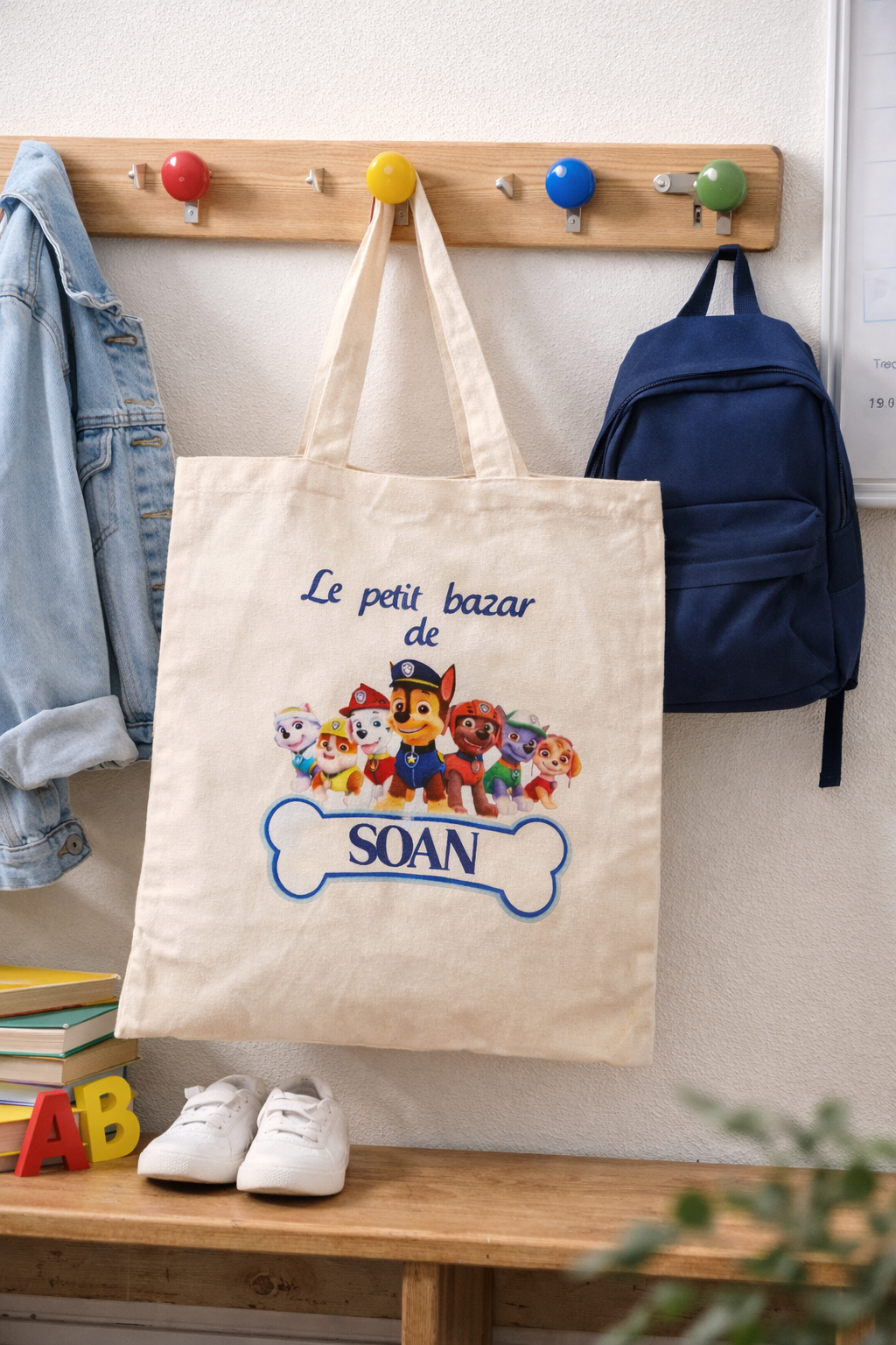 tote bag paw patrol bleu personnalisé avec prénom pour école 