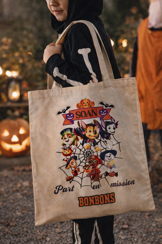 tote bag porté épaule halloween contenant pour friandises d'halloween