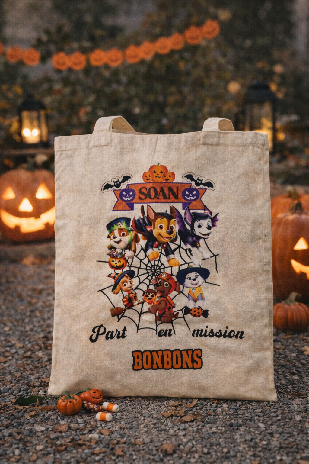 tote bag personnalisé avec prénom enfant pour récolte de bonbons d'halloween