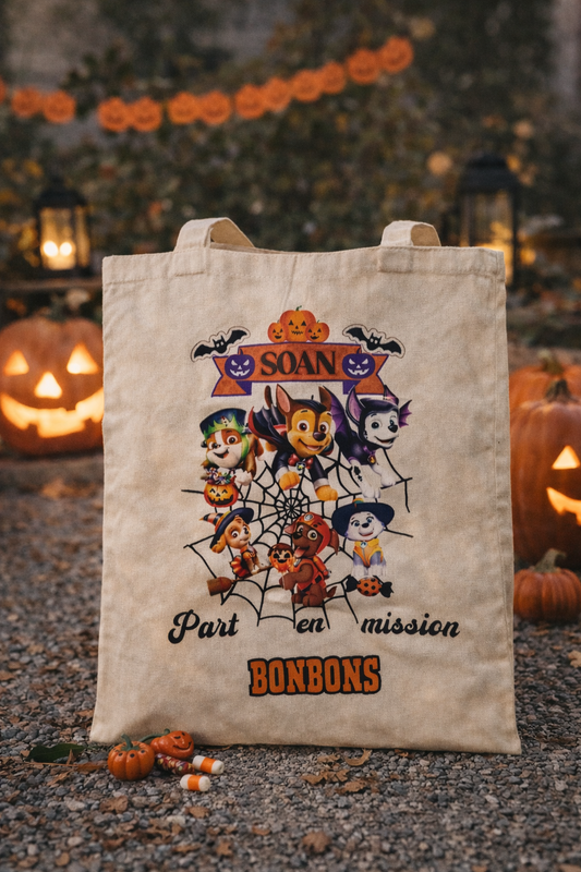 tote bag personnalisé avec prénom enfant pour récolte de bonbons d'halloween