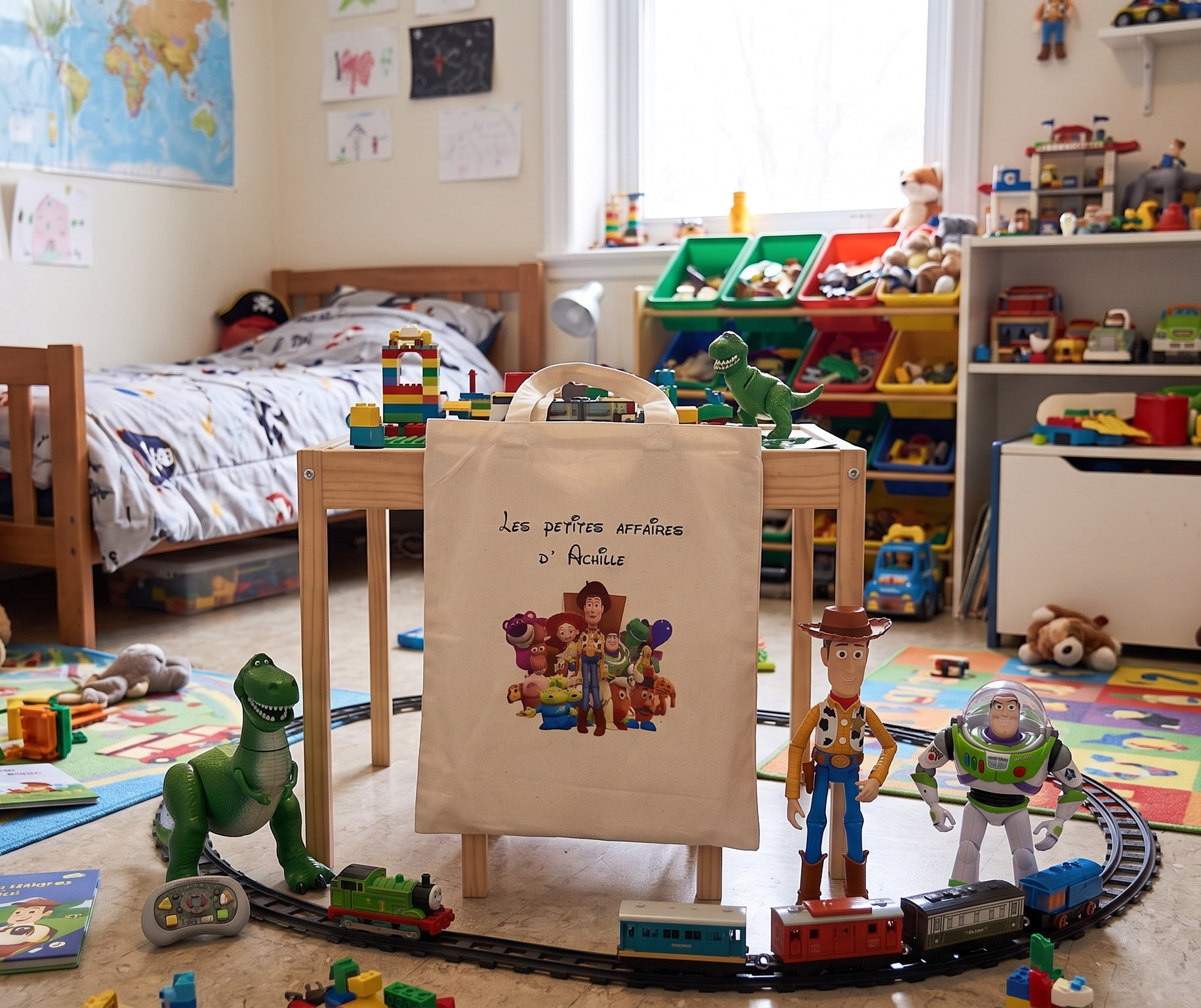 Tote bag enfant personnalisé avec prénom, sac en coton écru au milieu d'une chambre entourée de jouets coloré