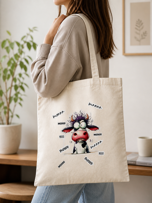 Tote bag en coton avec illustration humoristique d’une vache folle entourée de texte MOOO porté épaule
