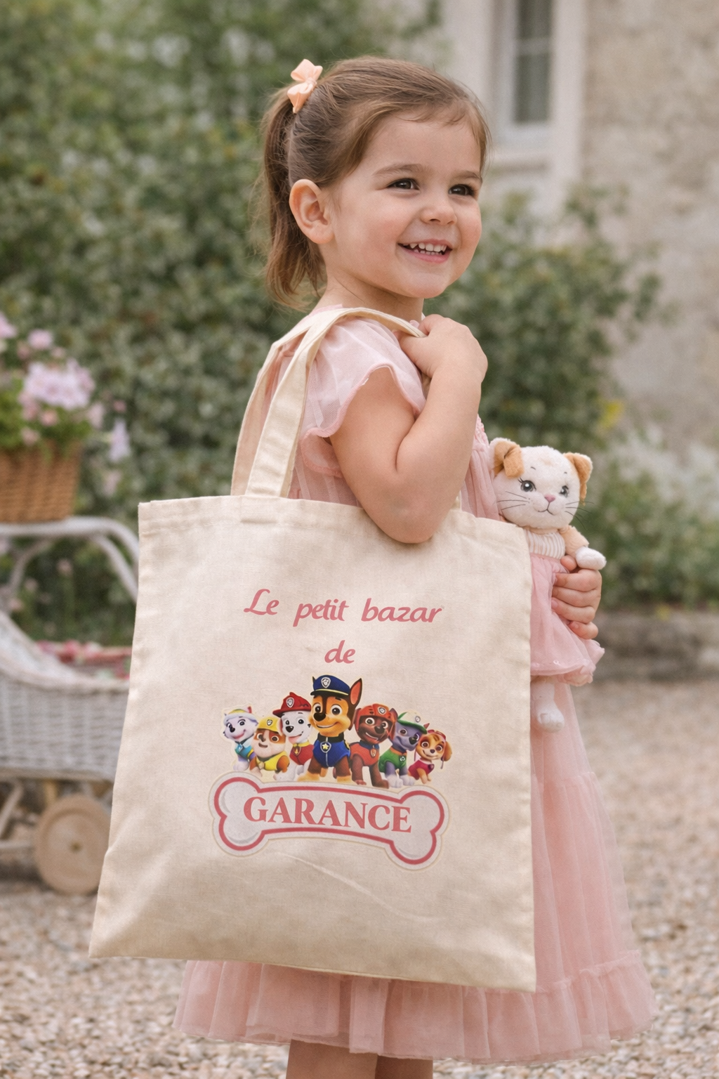 tote bag coton porté épaule pat patrouille avec prénom fille