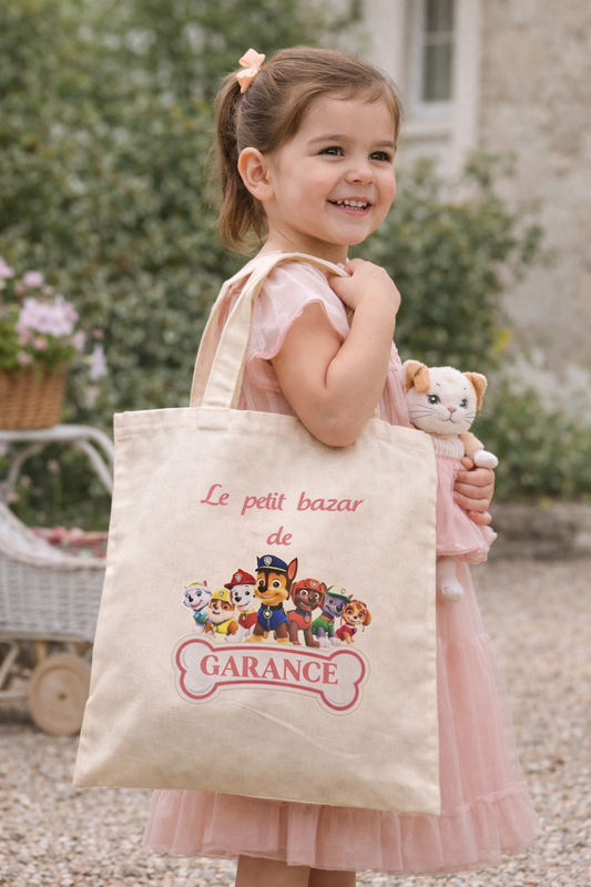 tote bag coton porté épaule pat patrouille avec prénom fille