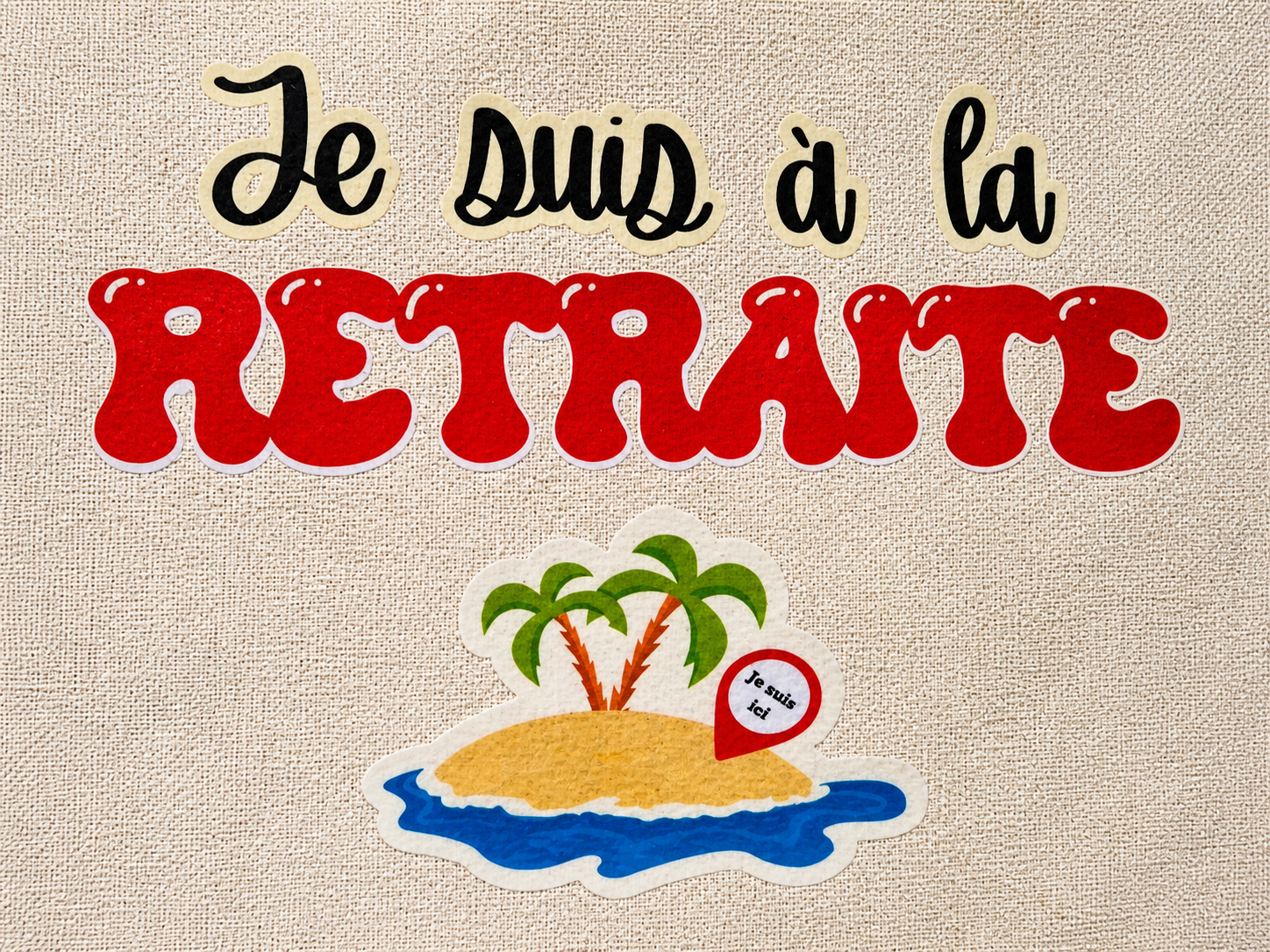 Détail impression tote bag retraite avec texte drôle et illustration île